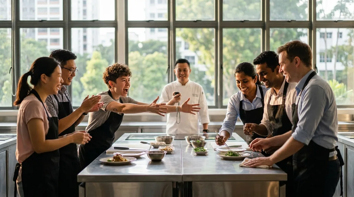 Colleagues racing to plate their dishes during a cooking competition team building session in Singapore