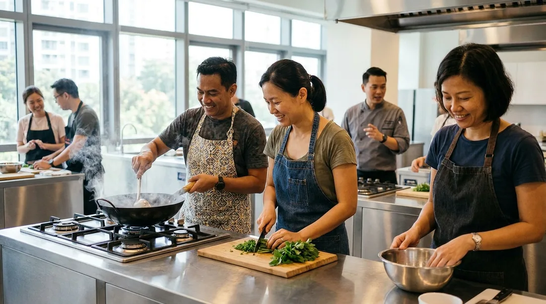 A small group cooking together under the guidance of a chef at a Singapore cooking studio