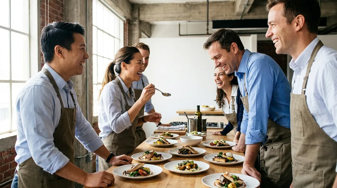 Colleagues laughing while plating dishes together at a corporate cooking session in Singapore