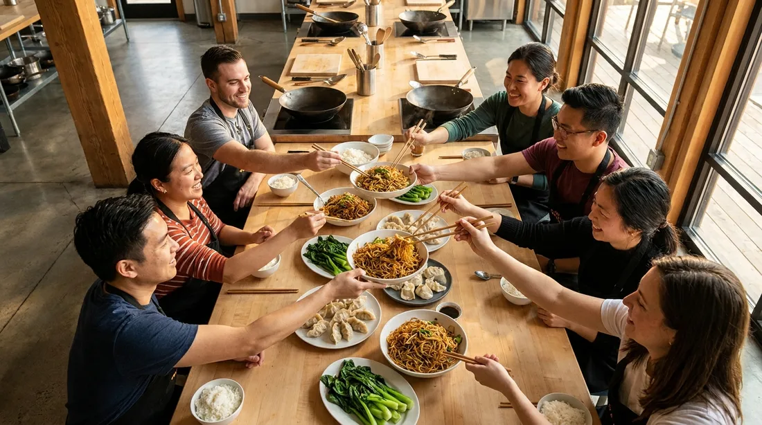 A shared table of freshly cooked dishes at the end of a cooking class in a bright Singapore studio