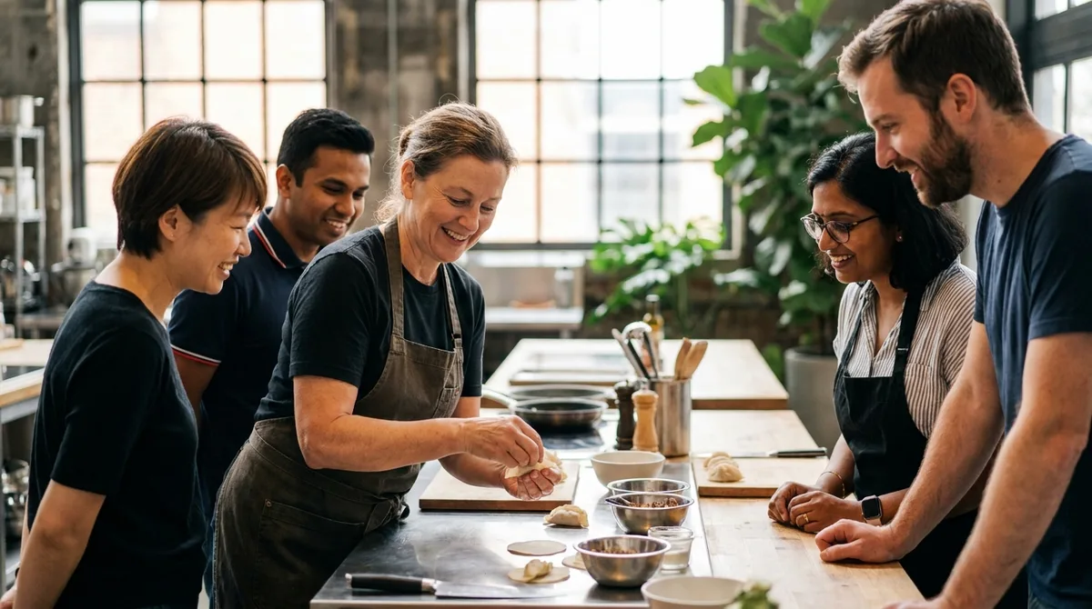 A chef instructor guiding a small group at a cooking school in Singapore
