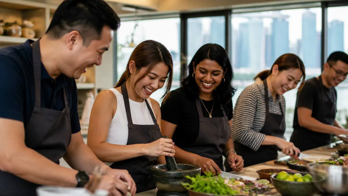 Colleagues laughing and cooking together at a team bonding session in Singapore