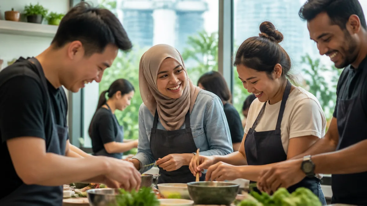 A diverse team cooking together at a halal-friendly team building session in Singapore