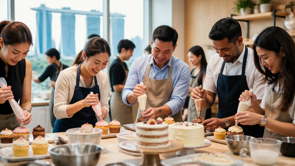 A corporate team decorating bakes together at a baking class in Singapore