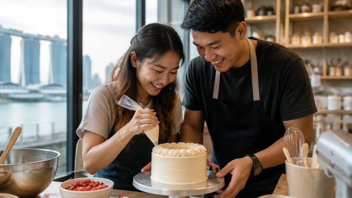 A couple decorating a cake together at a baking class in Singapore