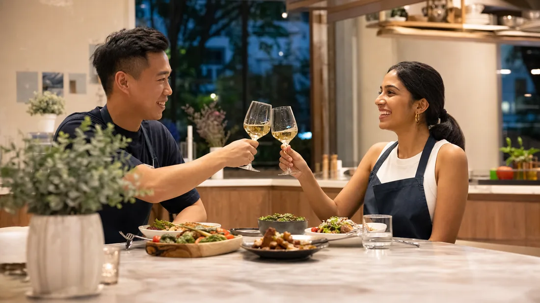 A couple clinking glasses over the meal they prepared during a date night cooking class in Singapore
