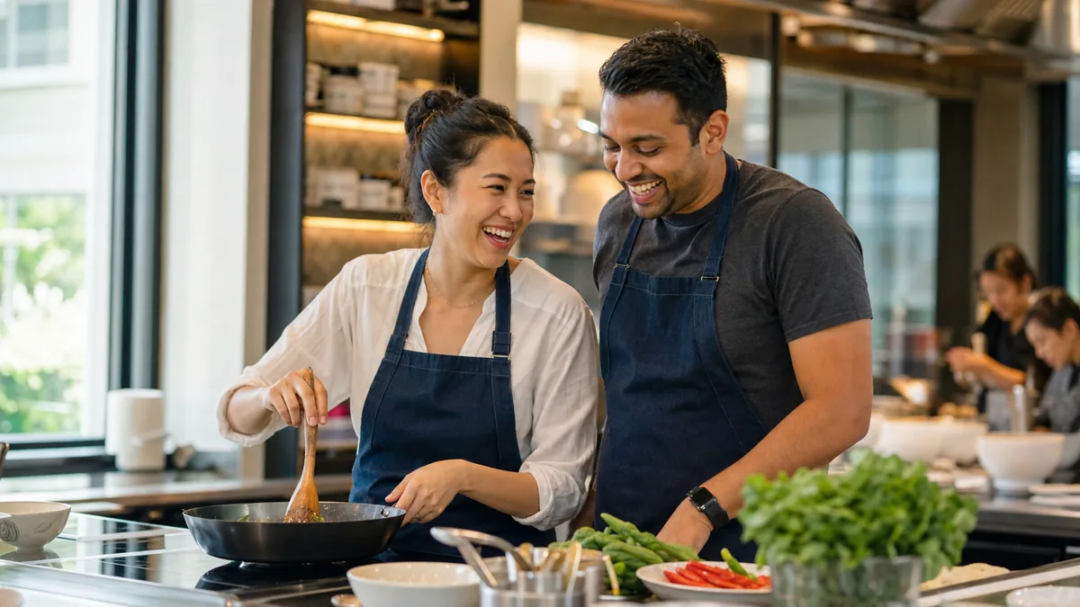 A couple laughing together while cooking side by side at a date night cooking class in Singapore