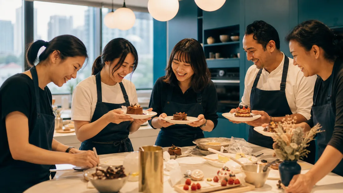 A group decorating and plating their own desserts together at a bright Singapore studio