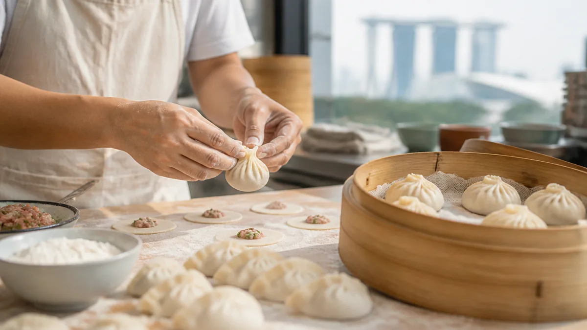 Freshly folded dumplings at a dim sum cooking class in Singapore