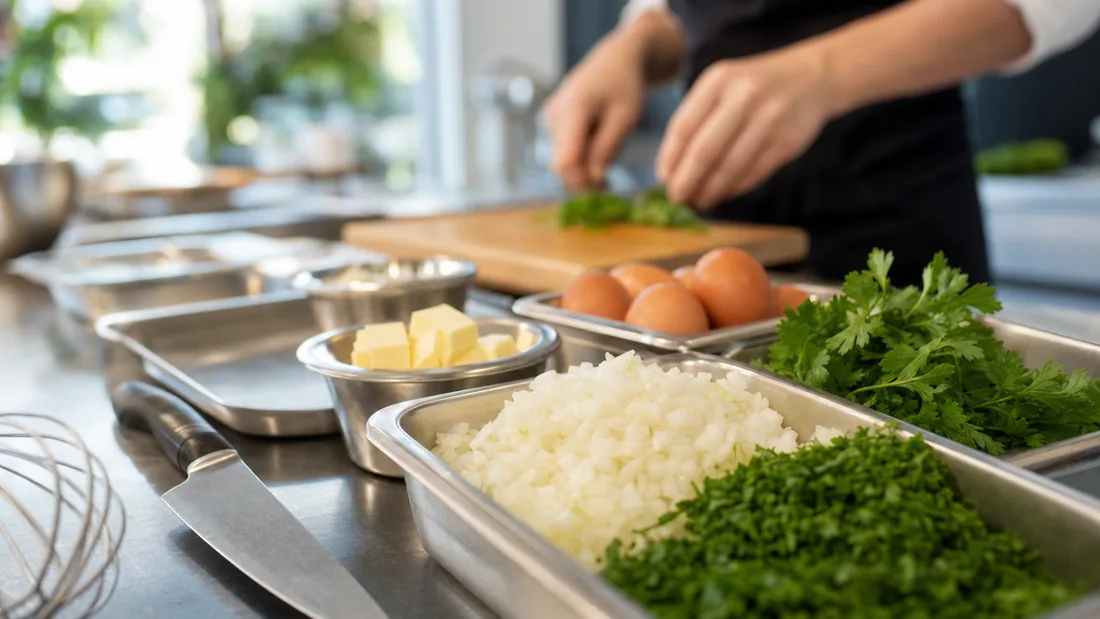 Fresh ingredients and knives laid out for a French cooking class in a Singapore studio