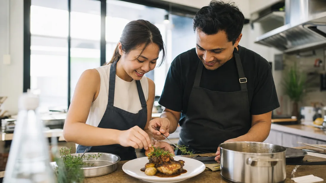 A couple plating a classic French dish together at a bright Singapore cooking studio