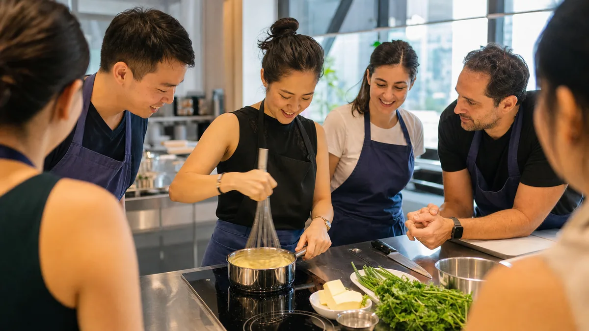 A small group learning French cooking technique at a bright Singapore studio