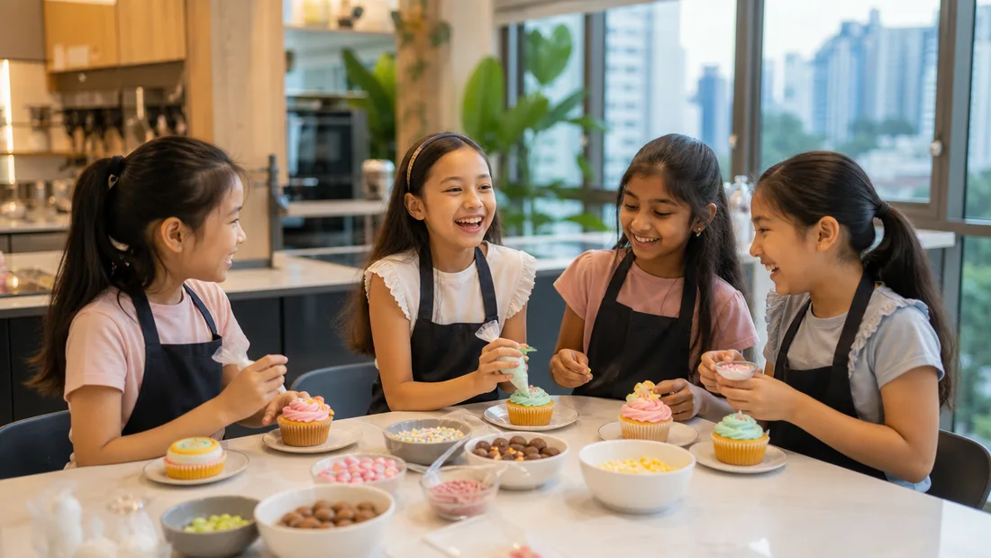 Children decorating cakes with icing and sprinkles at a hands on baking session in Singapore