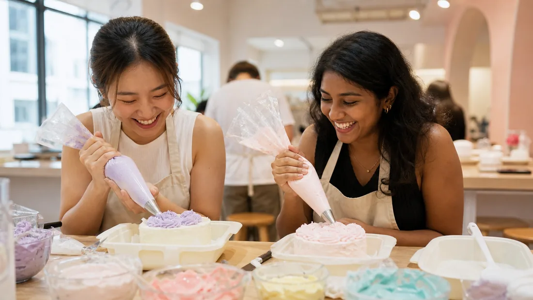 Piping icing onto small cakes during a decorating session in a bright Singapore studio