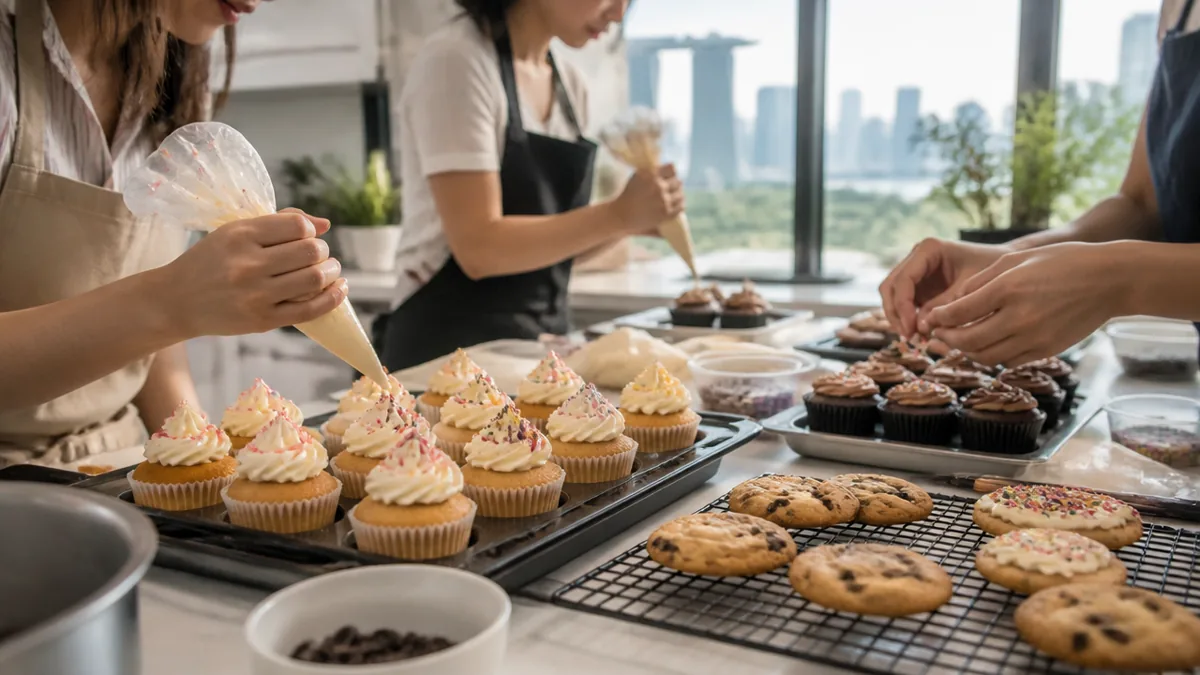 Trays of freshly decorated bakes from a halal baking class in Singapore