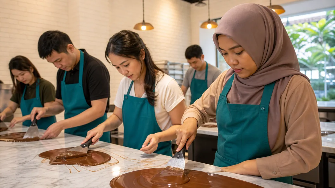 Participants tempering and shaping chocolate at a hands-on halal chocolate workshop in Singapore