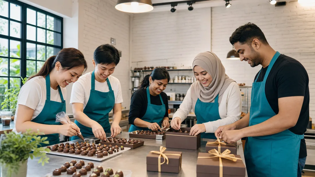 A group decorating and boxing their handmade chocolates at a Singapore studio