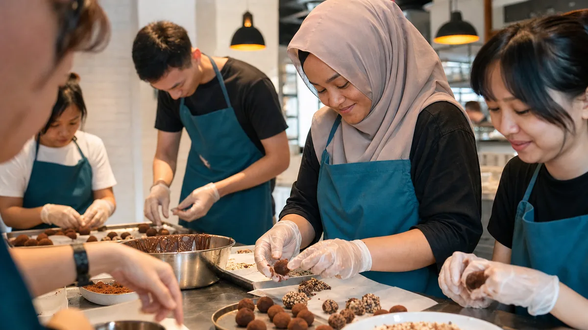 Hands shaping and decorating chocolate truffles at a halal chocolate making workshop in Singapore