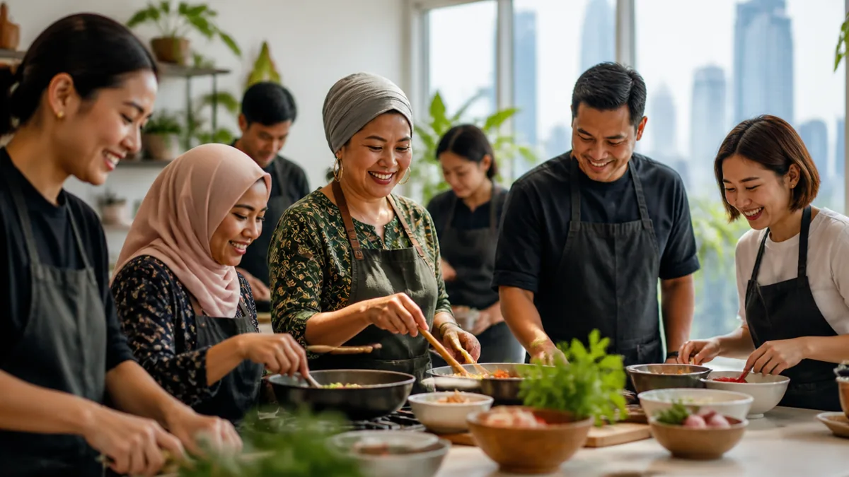 A group enjoying a halal cooking class in Singapore