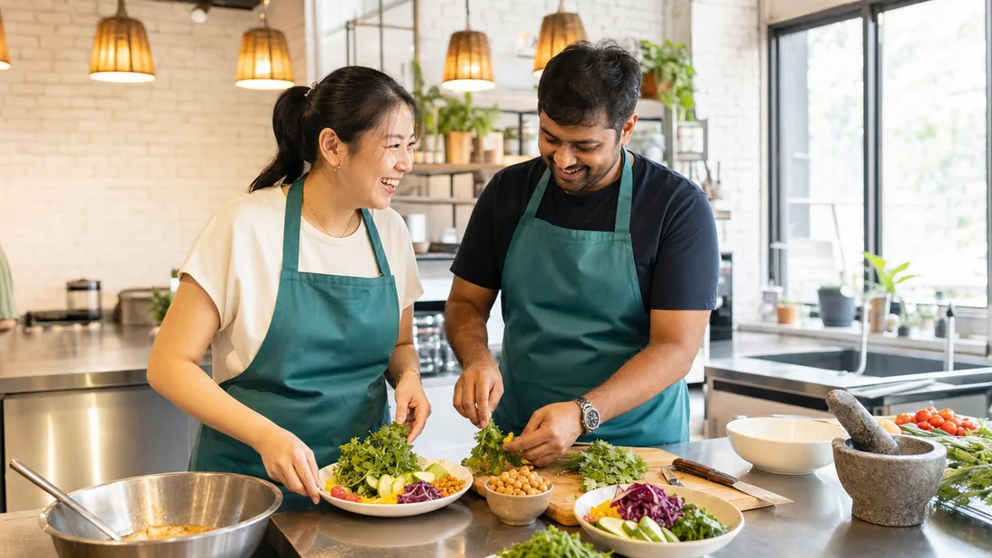 Two participants preparing a colourful, balanced dish together at a healthy cooking class in Singapore