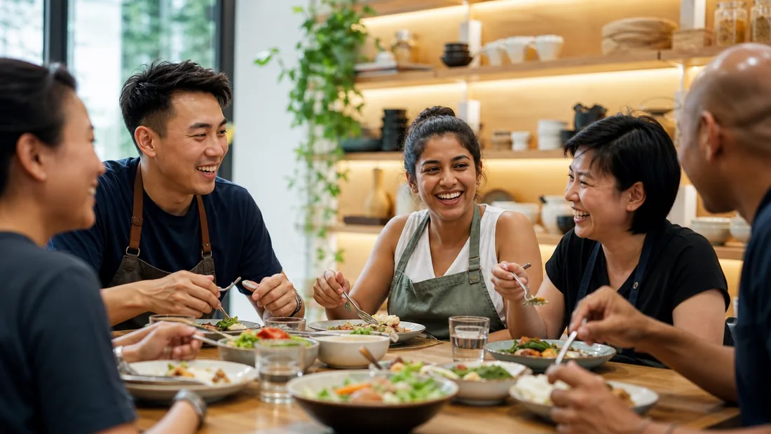 A team enjoying the fresh, healthy meal they cooked together at a Singapore studio