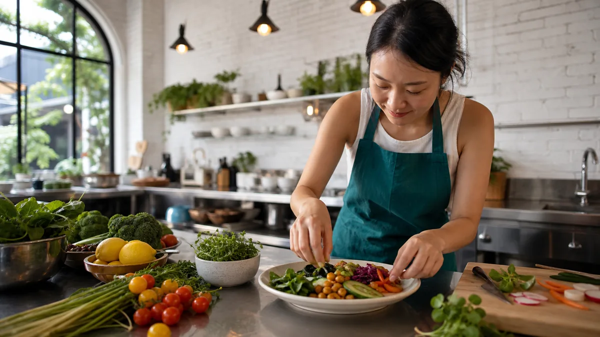 Colourful fresh vegetables and a balanced dish being prepared at a healthy cooking class in Singapore