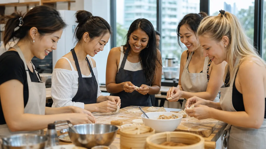 A group of friends folding dumplings side by side at a bachelorette cooking class in Singapore