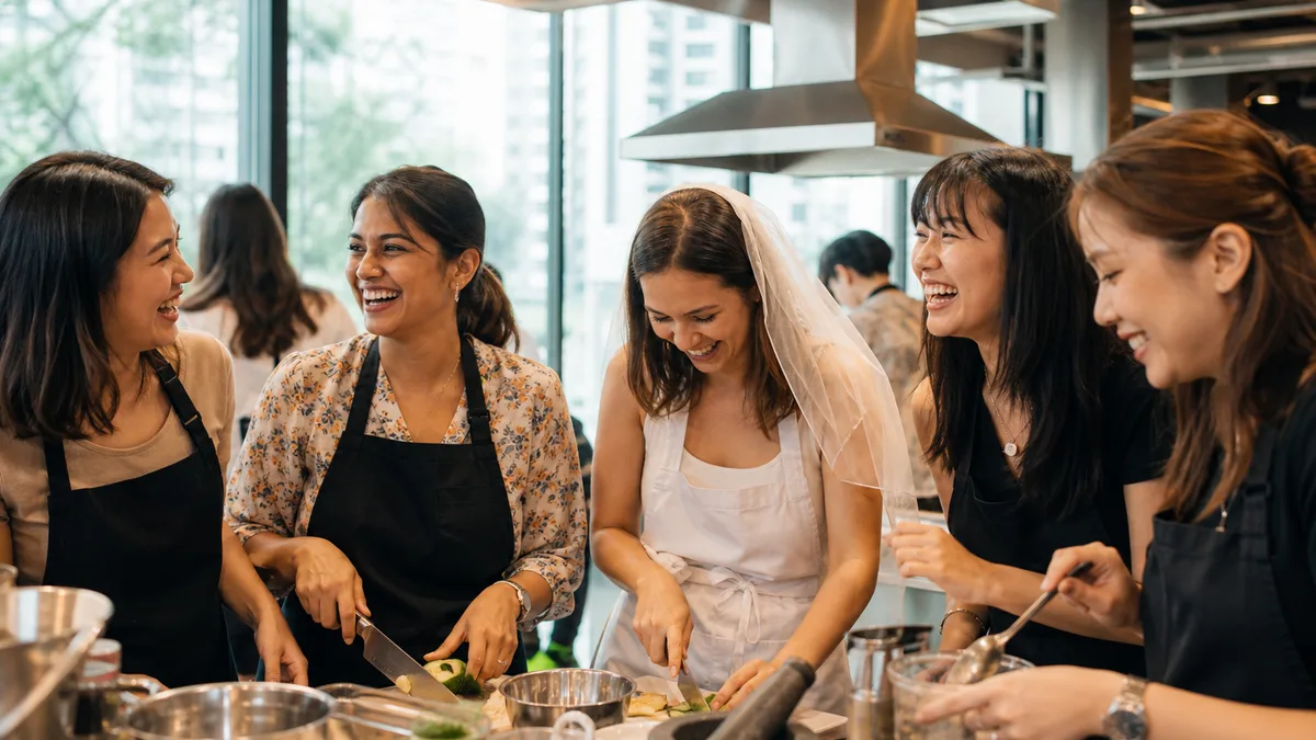 A group of friends laughing and cooking together at a hen party cooking class in Singapore