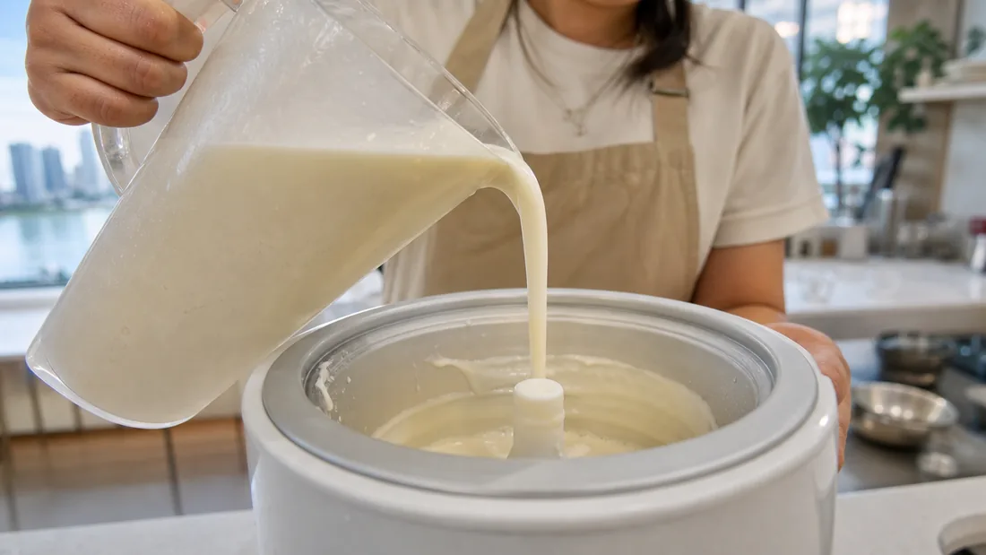 Hands pouring a smooth ice cream base into a churn at a bright Singapore cooking studio
