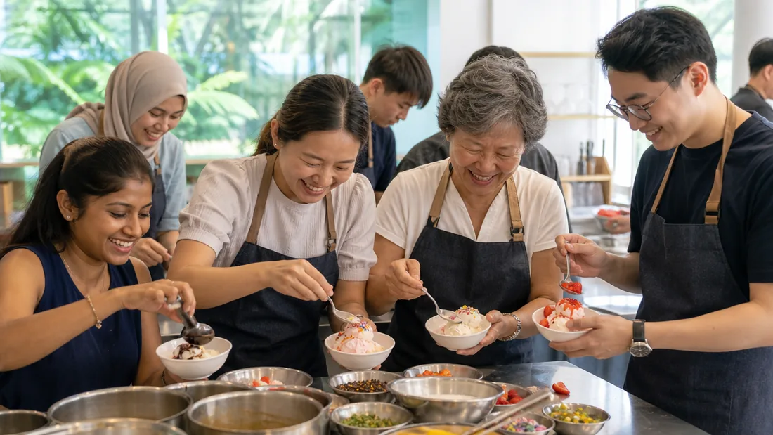 A group scooping and topping their homemade ice cream together at a bright Singapore studio