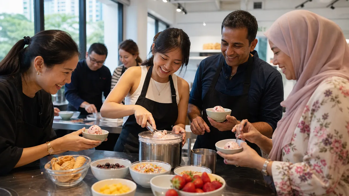 A small group churning and scooping homemade ice cream at a bright Singapore cooking studio