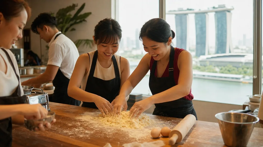 Flour, eggs, and fresh dough laid out for an Italian cooking class in a Singapore studio
