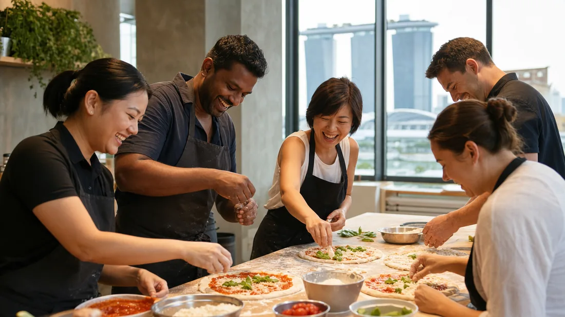 A team topping their own pizzas together at a bright Singapore cooking studio