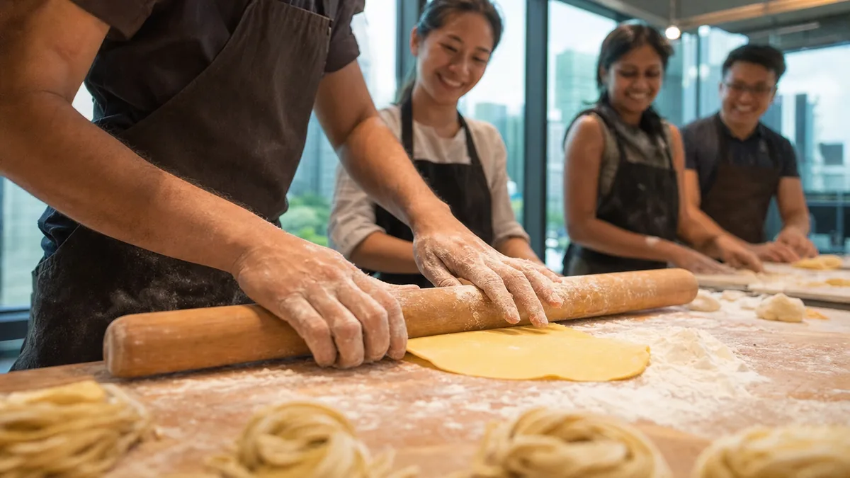 Hands rolling fresh pasta dough at a bright Singapore cooking studio