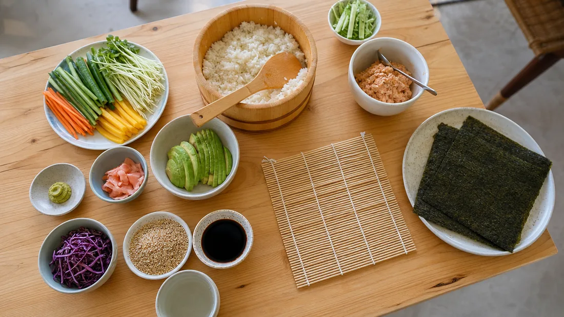 Fresh sushi rice, nori, and vegetables laid out for a Japanese cooking class in a Singapore studio
