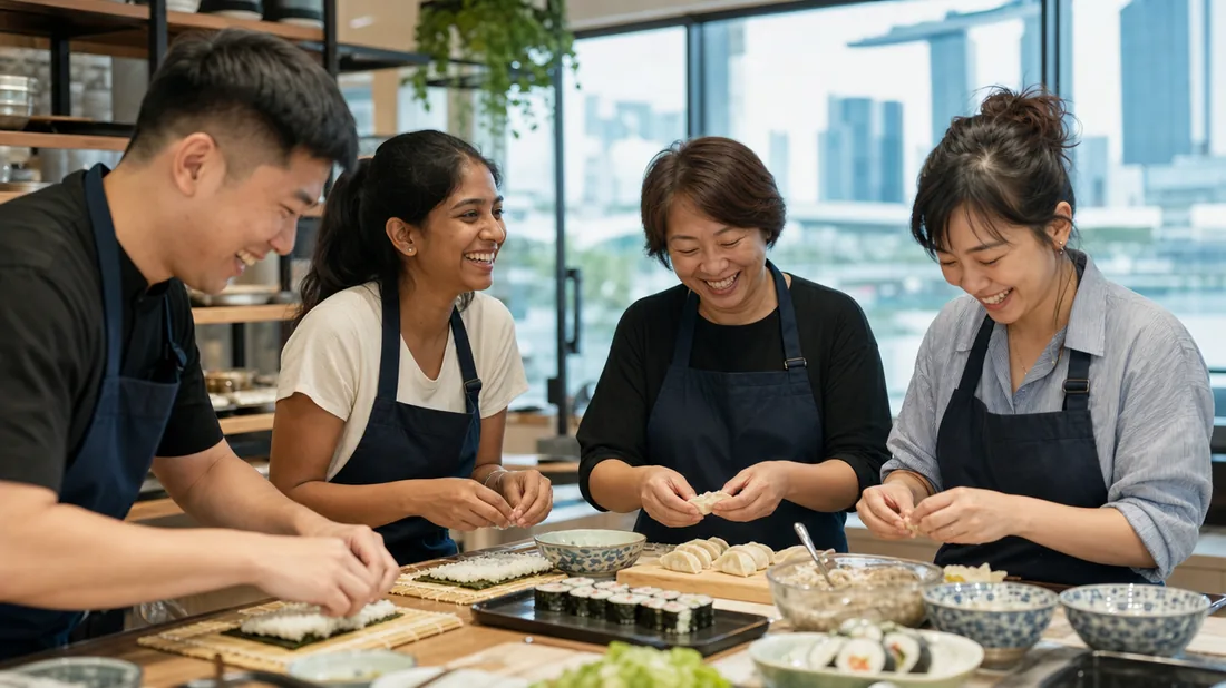 A team rolling maki and pleating gyoza together at a bright Singapore cooking studio