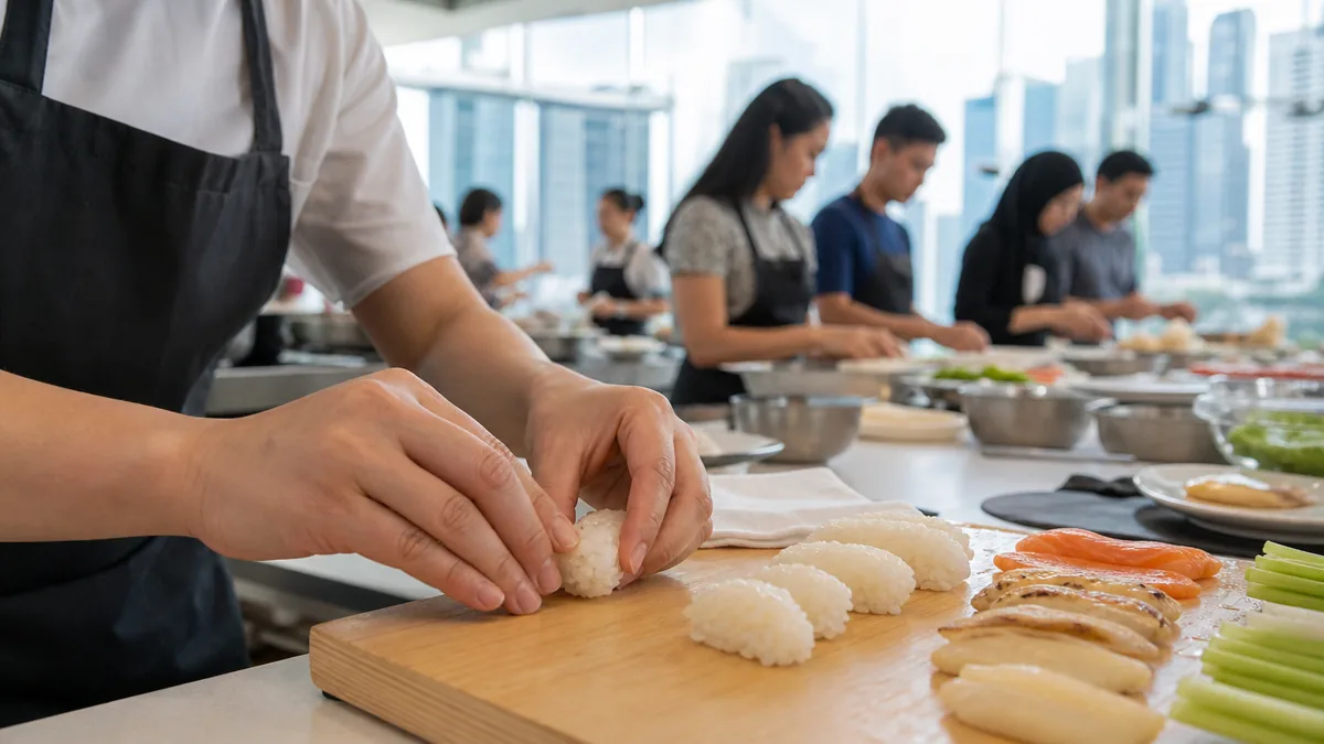 Hands shaping fresh nigiri sushi at a bright Singapore cooking studio