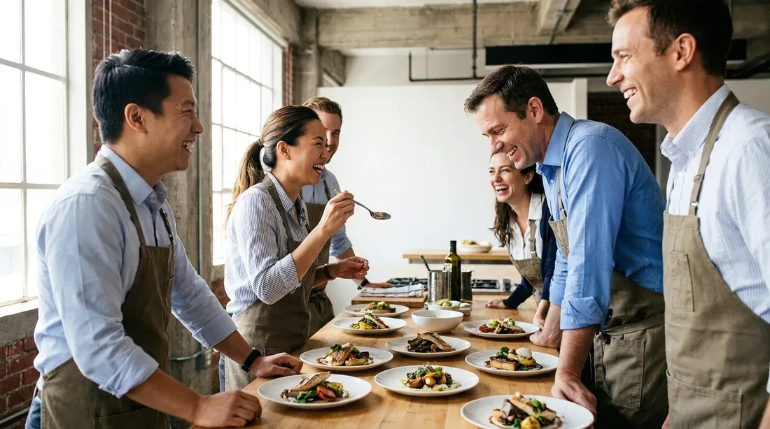 Guests laughing over plated dishes they cooked together during an event kitchen hire in Singapore