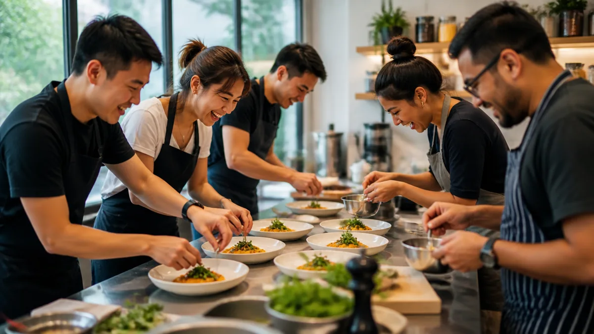 Two teams competing in a cook-off at a kitchen showdown in Singapore