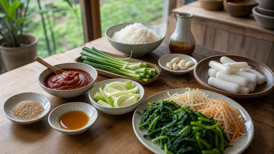 Fresh vegetables, rice, and gochujang laid out for a Korean cooking class in a Singapore studio