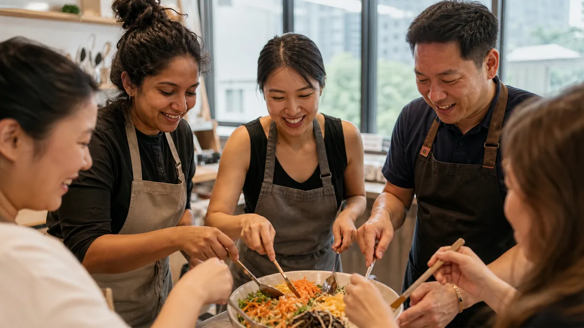 Hands mixing a colourful bibimbap bowl at a bright Singapore cooking studio