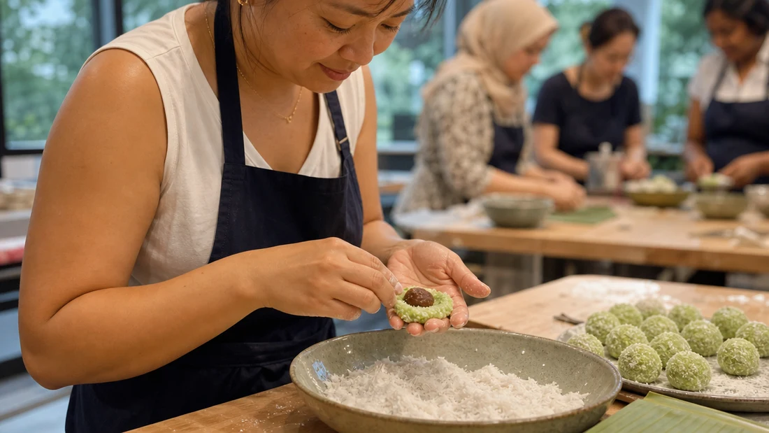Hands rolling green ondeh ondeh dough around palm sugar at a Singapore heritage cooking studio