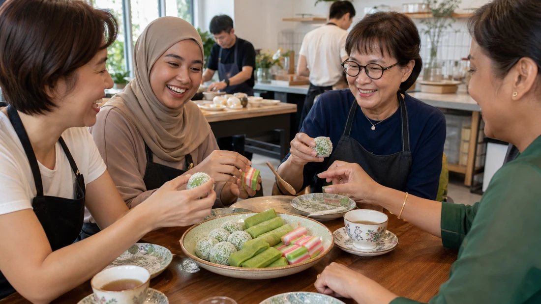 A group tasting freshly made colourful nyonya kueh together at a bright Singapore studio