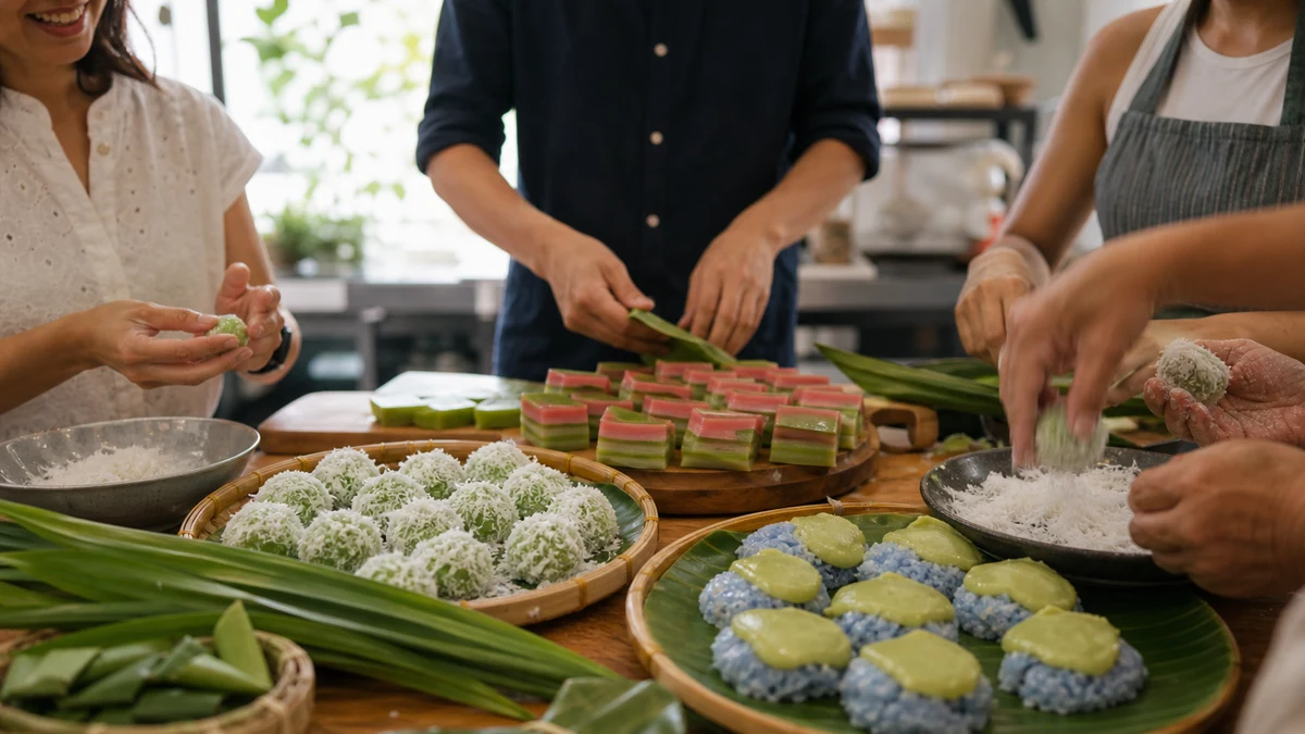Colourful traditional nyonya kueh being shaped by hand at a bright Singapore cooking studio