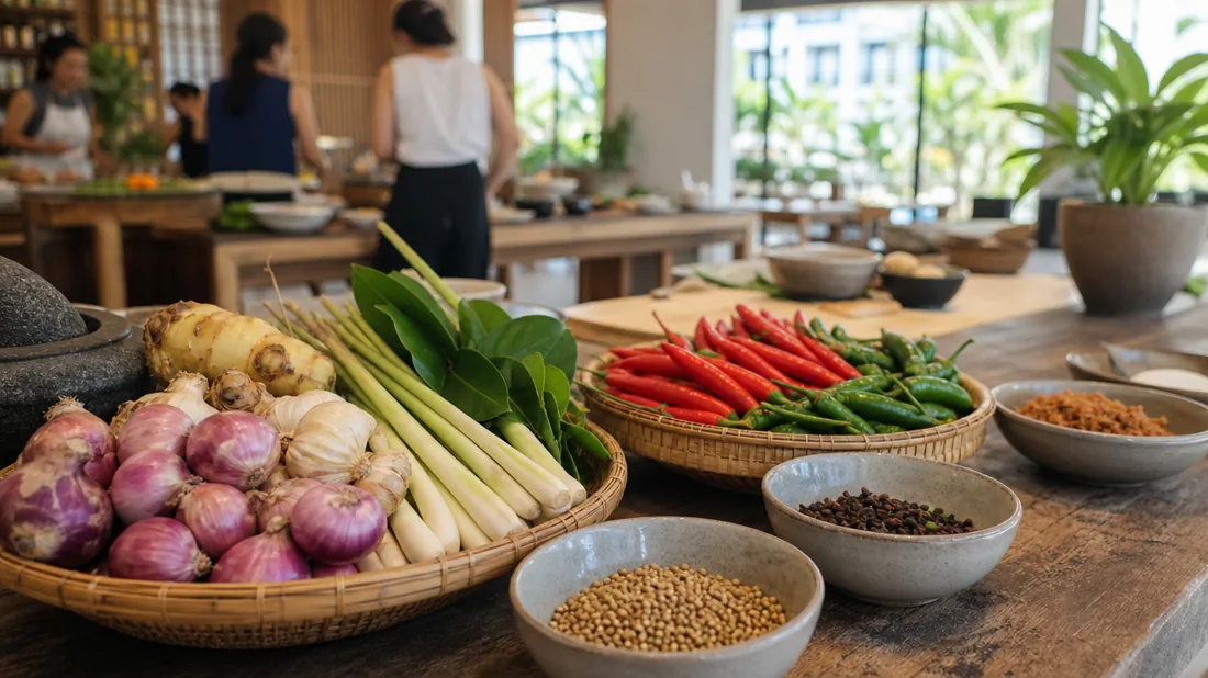 Fresh shallots, chillies, and lemongrass laid out for a local cooking class in a Singapore studio