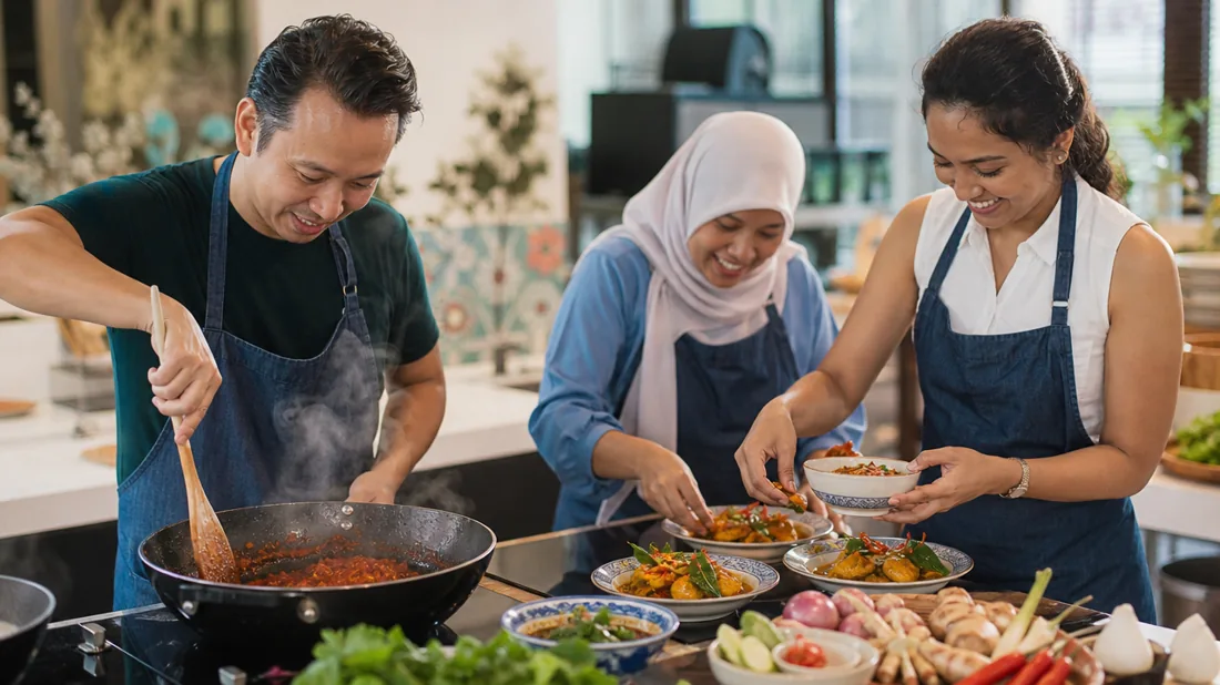 A team pounding spice paste and cooking a local dish together at a bright Singapore studio