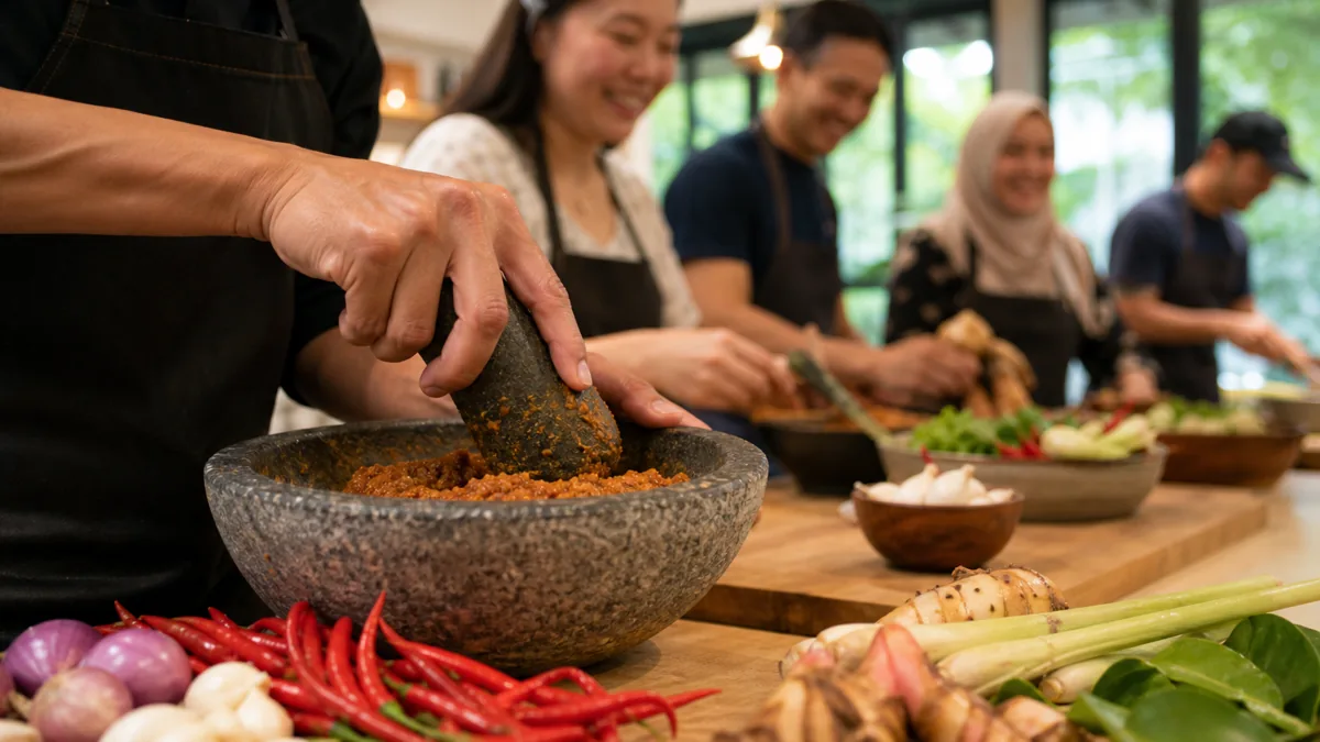 Hands pounding rempah spice paste with a mortar and pestle at a bright Singapore cooking studio