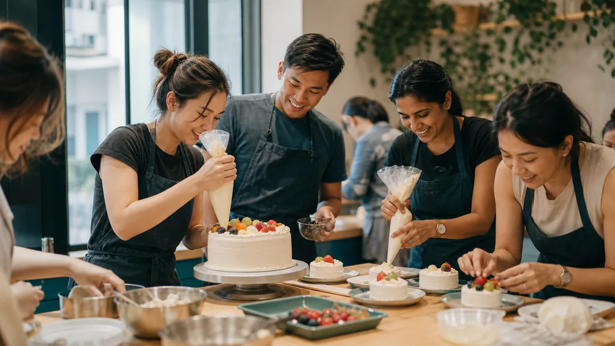 Close up of hands piping and decorating a dessert at a hands on baking class