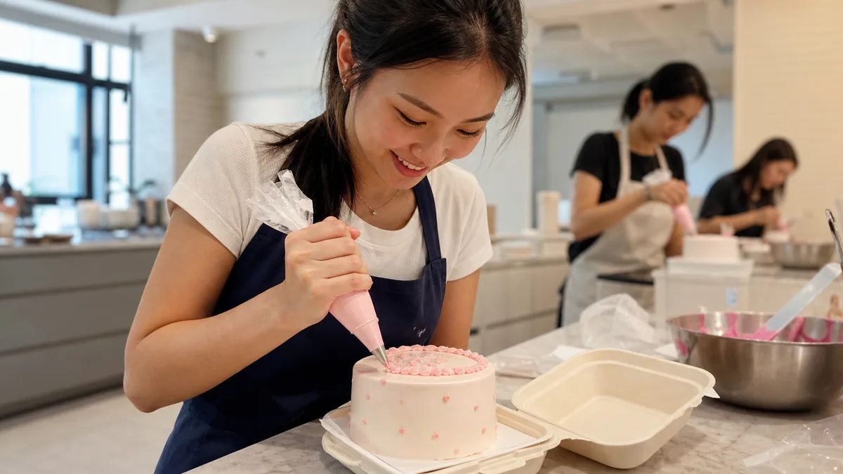 A group decorating chocolate yule log cakes at a log cake decorating workshop in a bright Singapore studio
