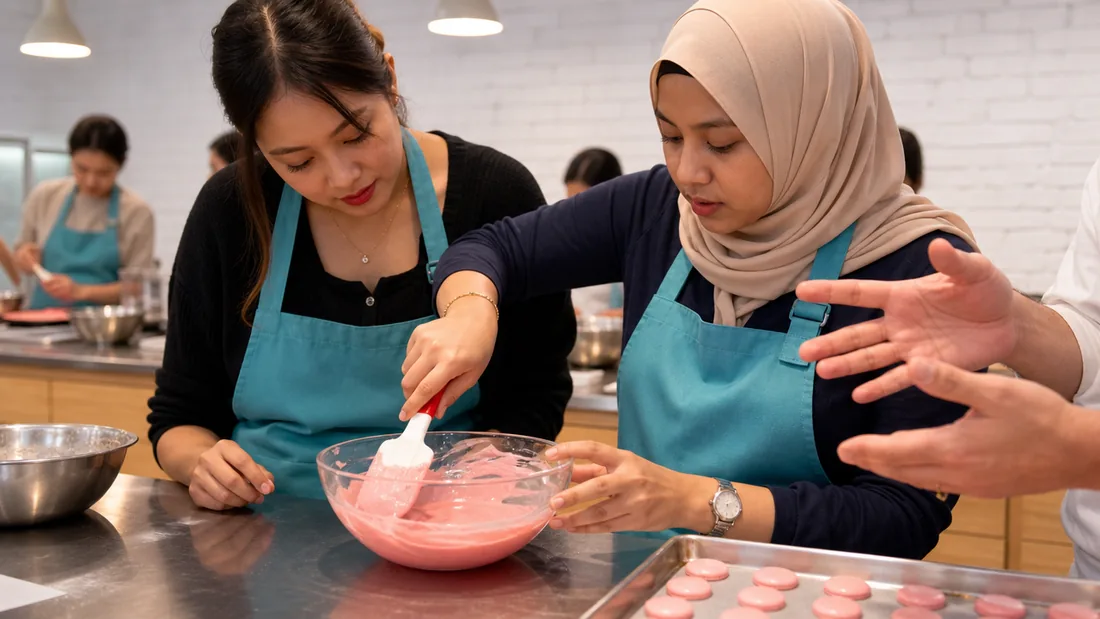 Two people folding macaron batter under guidance at a baking studio in Singapore